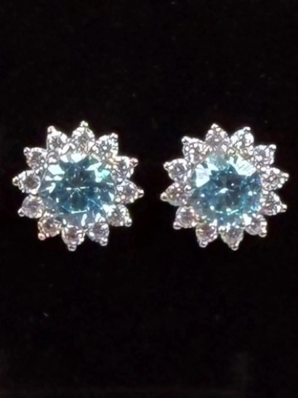 Elegant Silvertone and Blue Crystal Stud Pierced Earrings